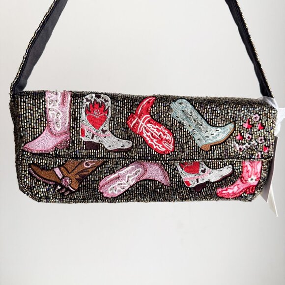 Cowboy boot western cowboy carter print fully beaded Shoulder Baguette Bag - Picture 5 of 11